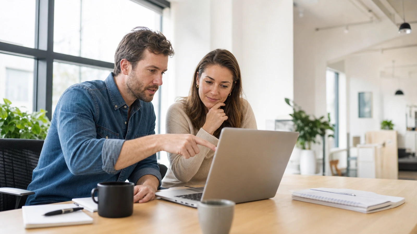 Two colleagues at a sunlit desk looking at one laptop together, one pointing at the screen