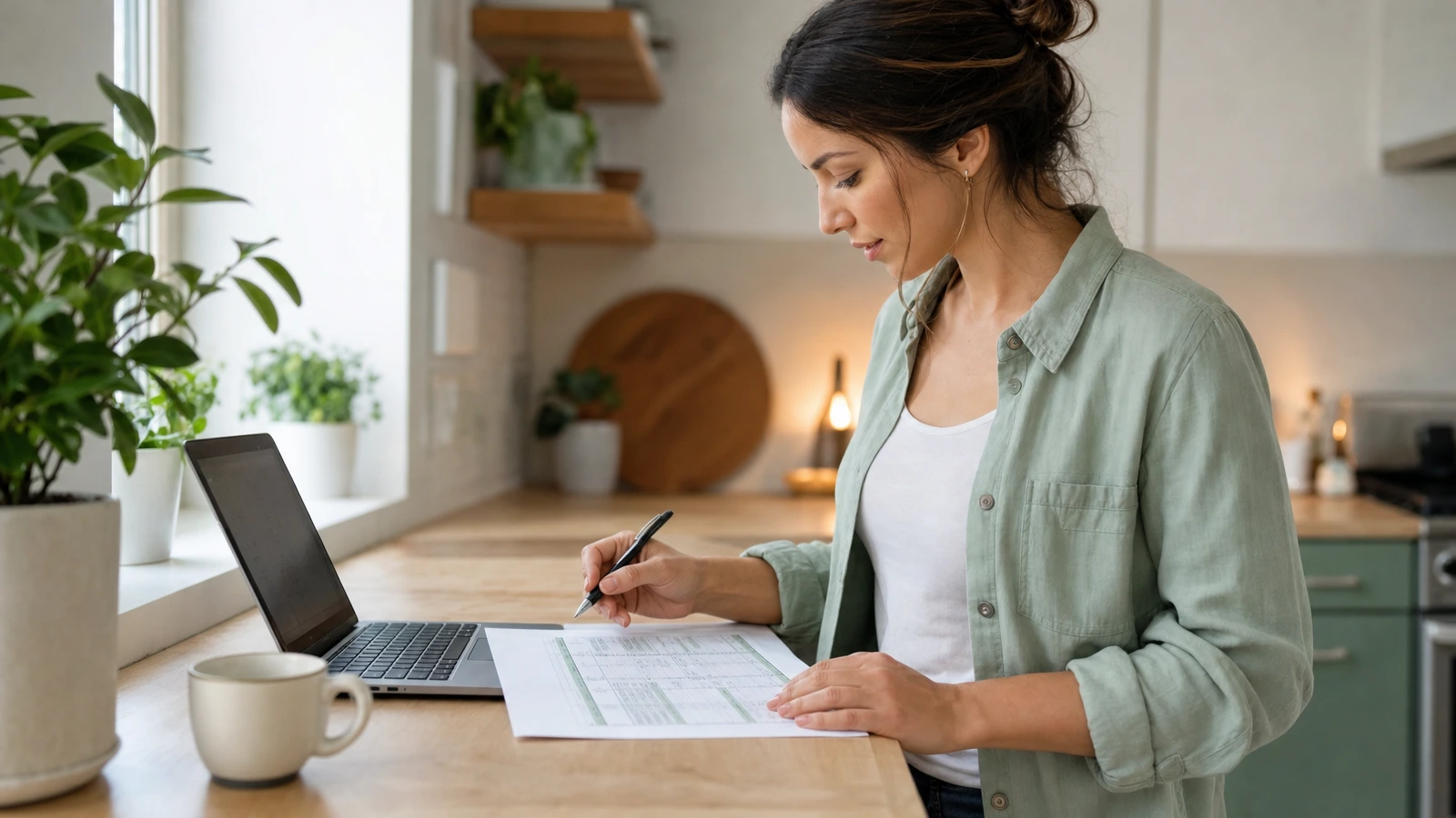 A person at a bright kitchen counter checking a printed spreadsheet against a laptop screen, pen in hand