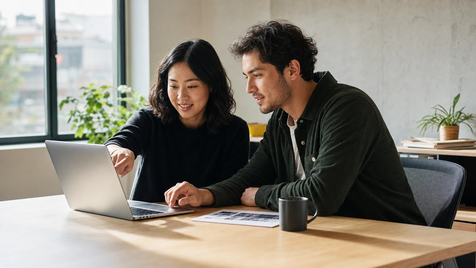 Two colleagues sitting side by side at a bright office table, looking at one laptop screen together while one of them points at it
