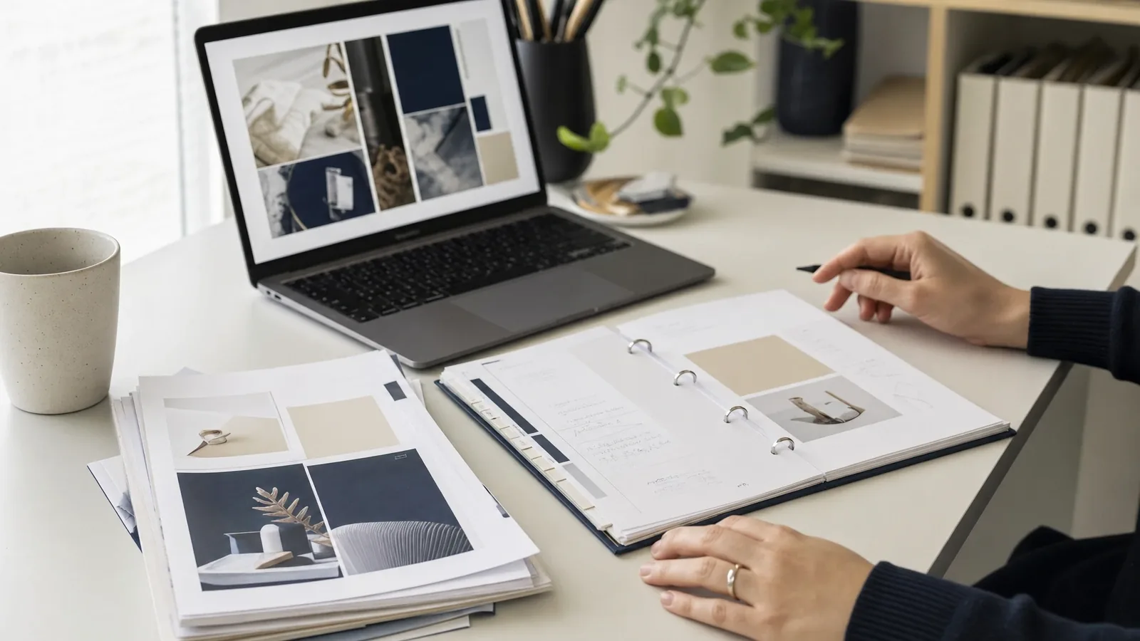 Brand guidelines binder open beside a laptop, the reference material a new hire would be given