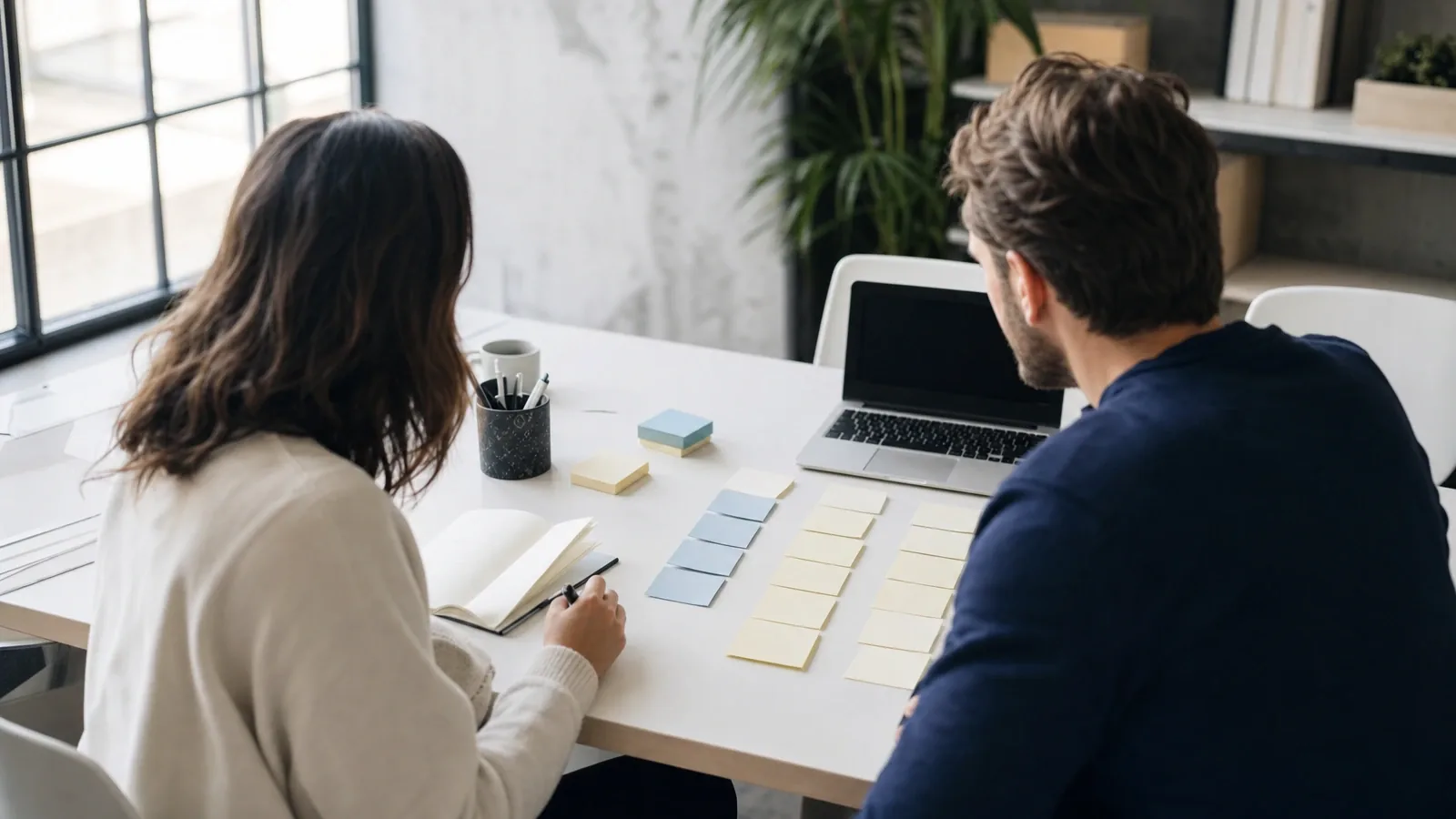 Two colleagues grouping sticky notes into three columns at a table, planning the first ninety days