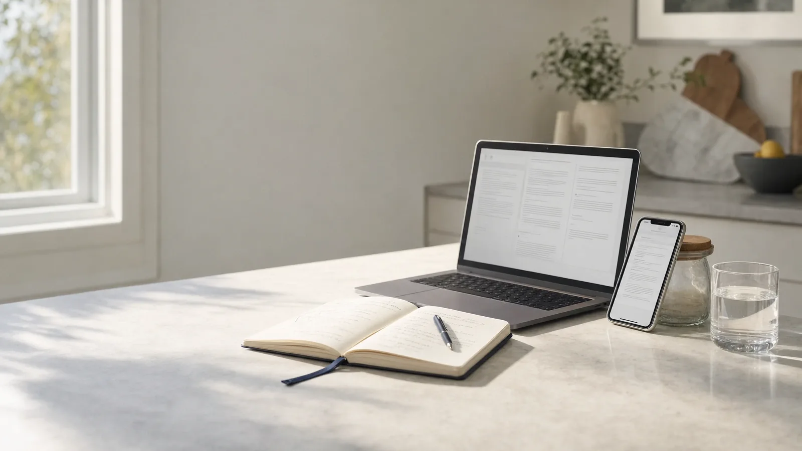A laptop, a phone and a paper notebook on one counter, three surfaces onto the same work