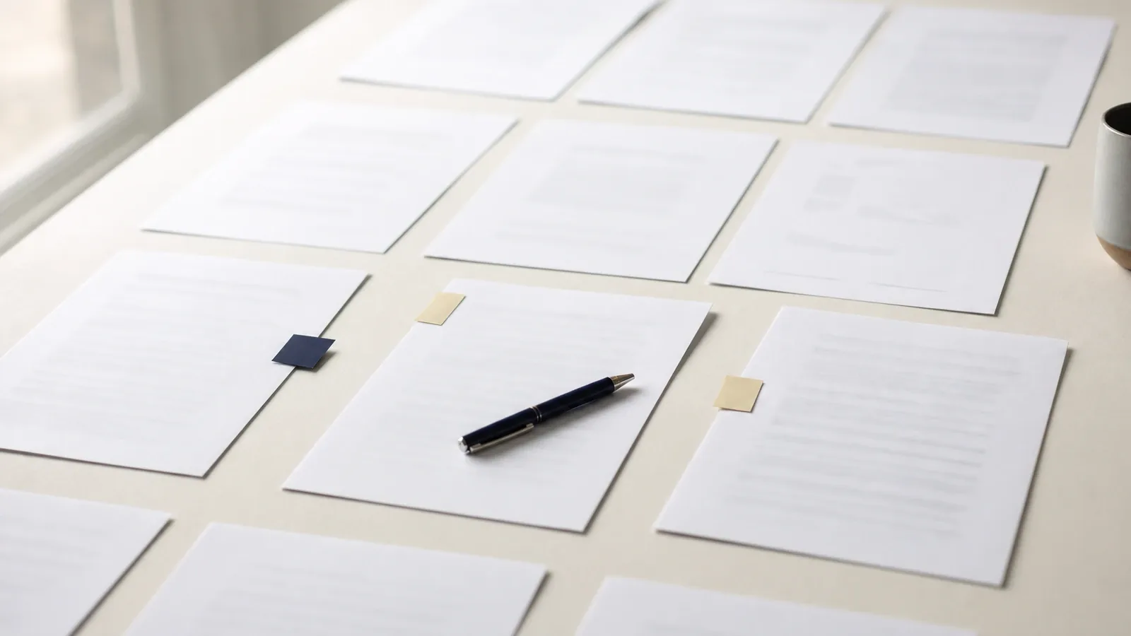Printed pages spread across a desk with three tabbed and pulled forward, the few that need a person