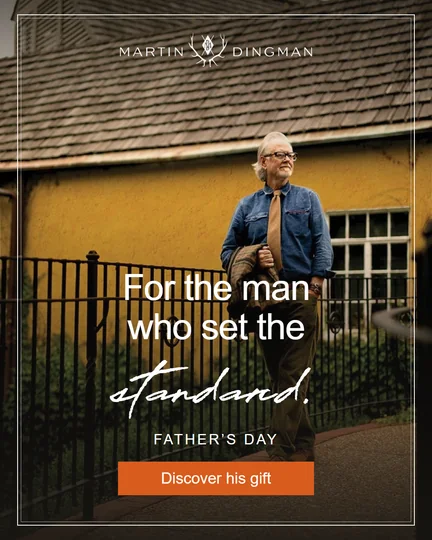 Gift confidence Meta ad: a gentleman in denim and a tie by a garden gate, headline For the man who set the standard, button Discover his gift