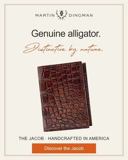 The collector Meta ad: the Jacob alligator wallet on a cream background, headline Genuine alligator. Distinctive by nature., button Discover the Jacob