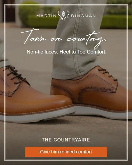 Work to weekend Meta ad: CountryAire shoes in Whiskey leather, headline Town or country, button Give him refined comfort