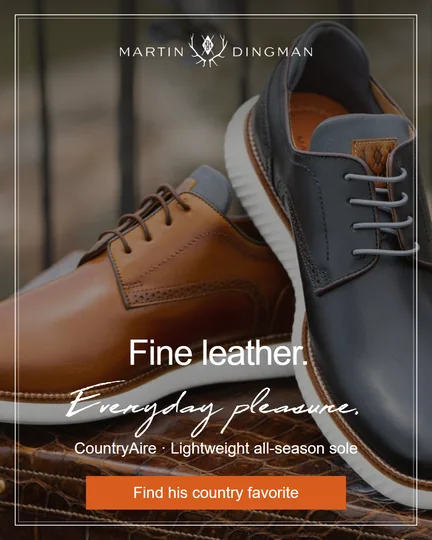 Everyday value Meta ad: CountryAire shoes in two colors, headline Fine leather. Everyday pleasure., button Find his country favorite