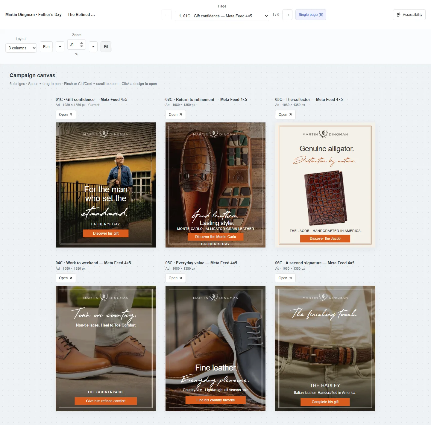 LimeLight Studio shared review board showing six Martin Dingman Father&rsquo;s Day Meta ads in a three-column grid, each labeled with its audience and 1080 by 1350 size