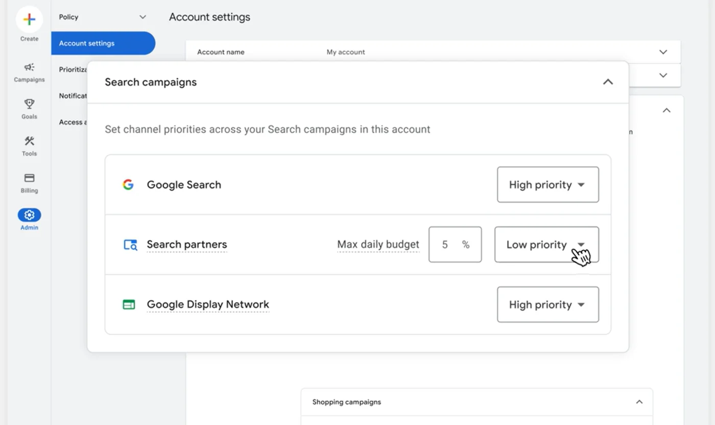 Google Ads Account settings showing the Search campaigns channel priority card: Google Search set to High priority, Search partners set to Low priority with a 5% max daily budget, and Google Display Network set to High priority