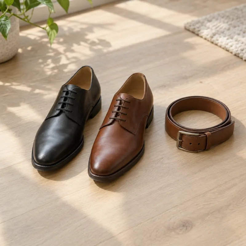Black and cognac brown leather derby shoes side by side on a light oak floor next to a matching brown leather belt