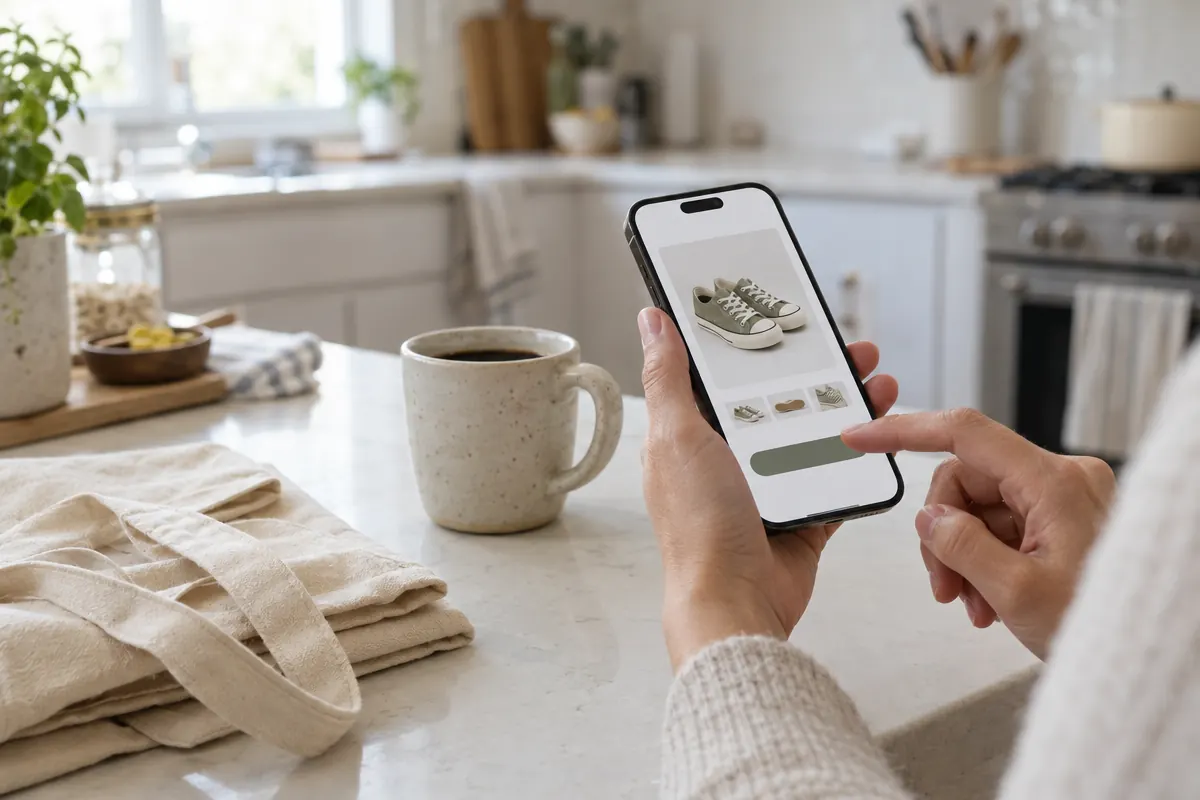 Close-up of a shopper's hands holding a phone over a bright kitchen counter, about to tap the add-to-cart button on a sneaker product page
