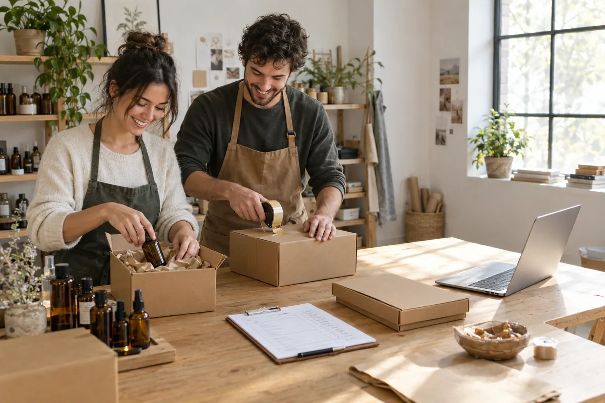 Two founders of a small skincare brand packing customer orders with kraft boxes and amber glass bottles at a wooden worktable in a sunny studio