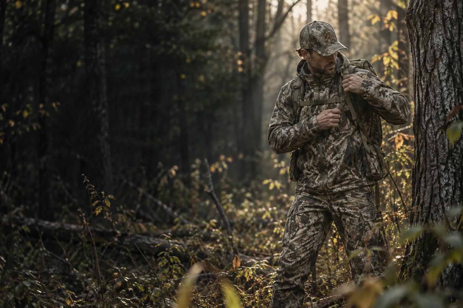 A hunter in technical camouflage adjusts a pack beside a tree in early-morning woods