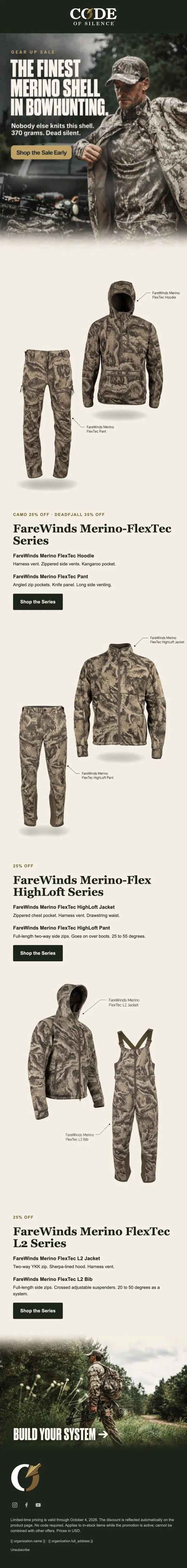 Gear Up VIP Early Access email featuring Code of Silence camouflage, a Shop the Sale Early call to action, and FareWinds apparel systems