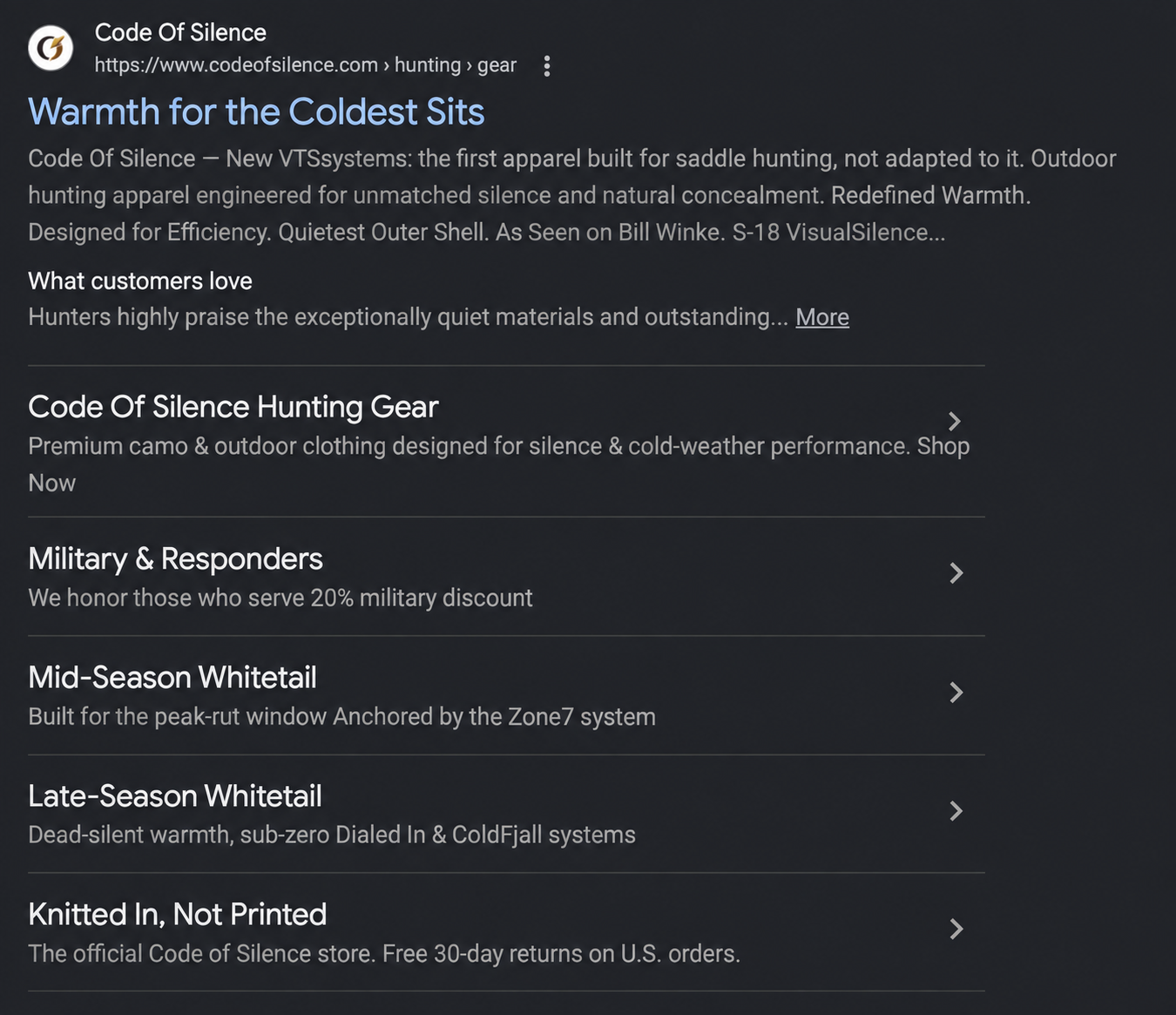 Code of Silence Google search ad with Warmth for the Coldest Sits headline and seasonal hunting gear links