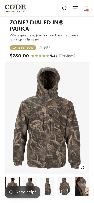 Mobile Zone7 Dialed In Parka product page, starting with the product image, season information and size selection
