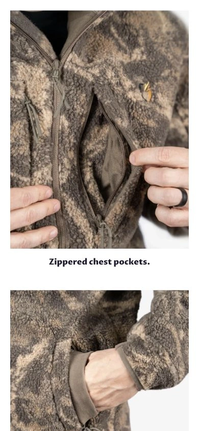 Mobile Parka feature detail showing zippered chest pockets and the handwarmer pocket