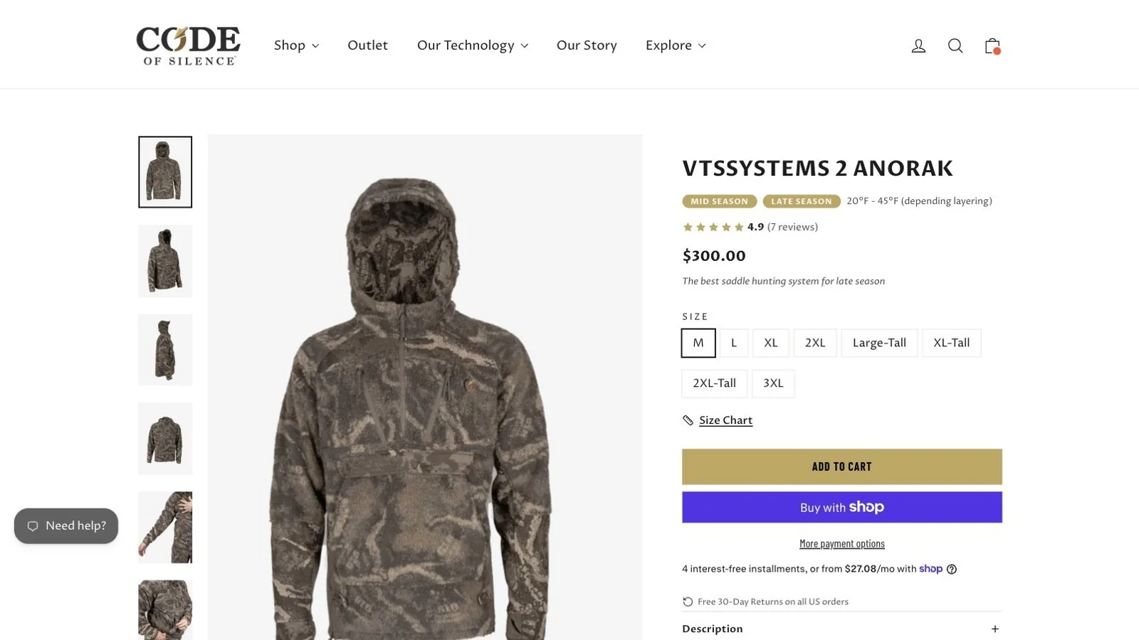 VTSSystems 2 Anorak product page with season tags, temperature range, sizes and add to cart