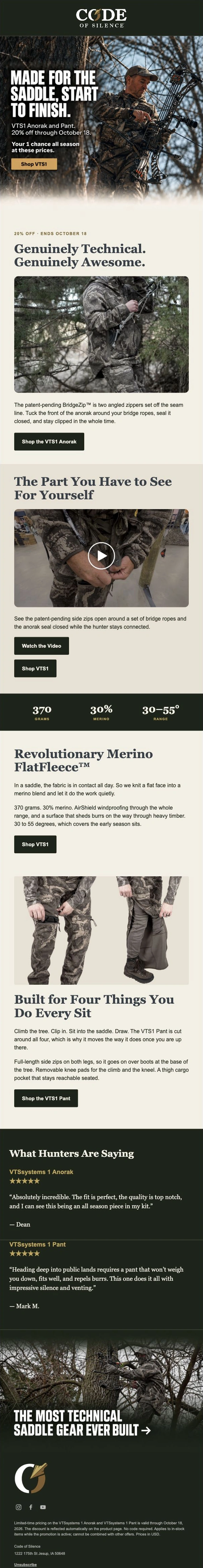 VTS1 email featuring Made for the Saddle, Start to Finish, the Anorak and Pant offer, BridgeZip details and a product video