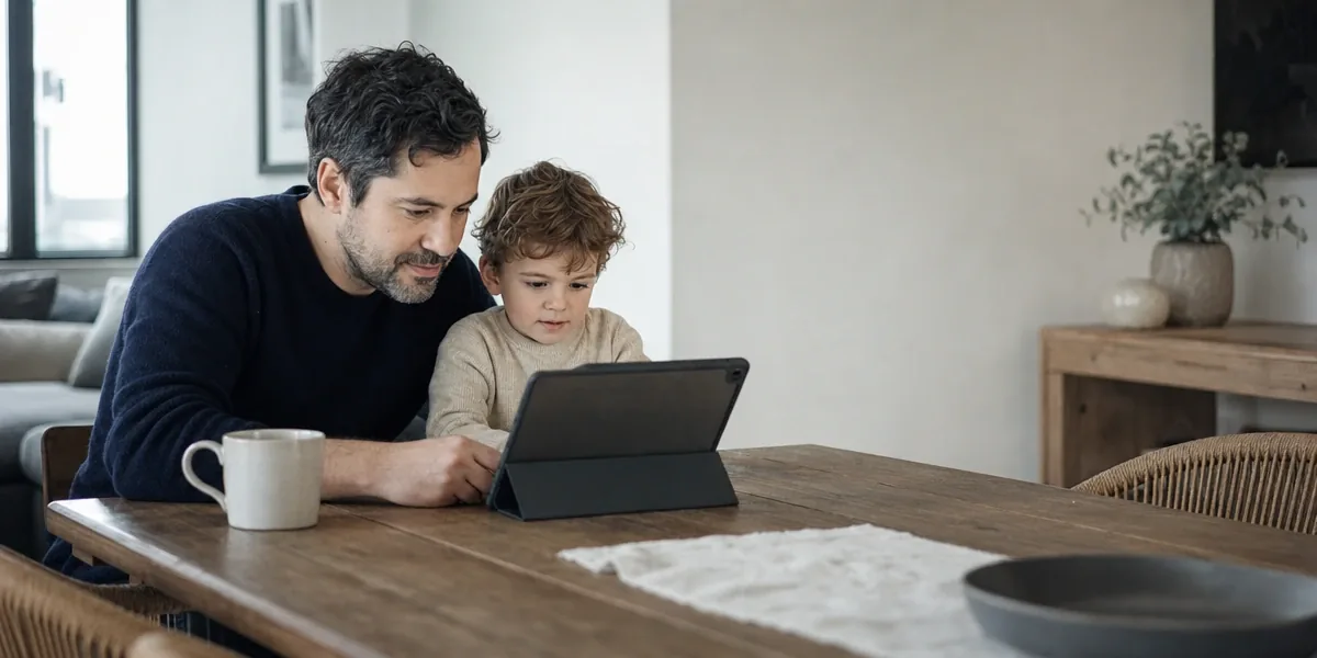 A father and his young son looking at a tablet together at the dining table at home.
