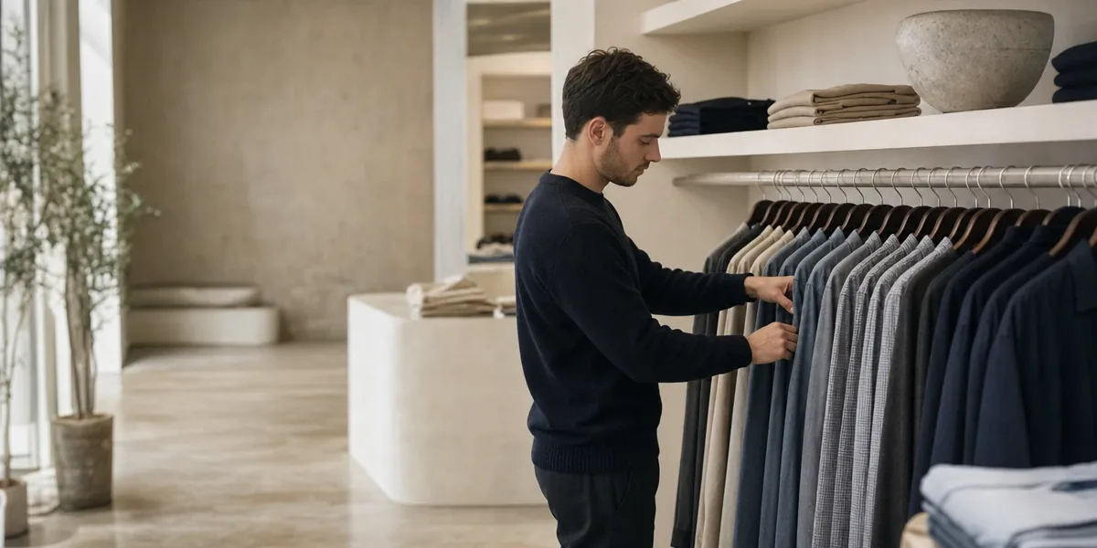 A store associate straightening a rail of jackets in an upscale menswear shop.