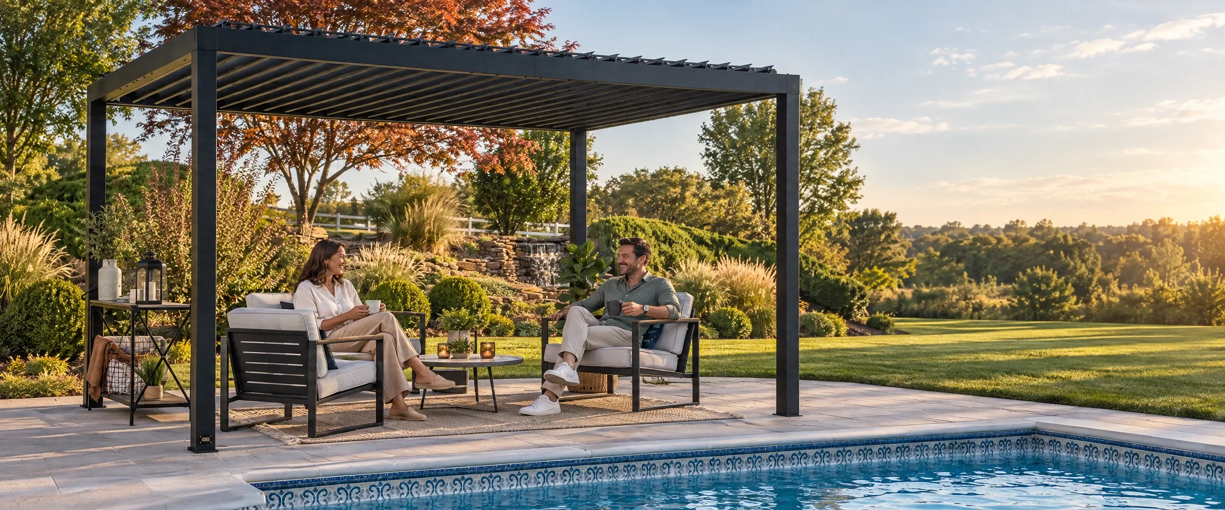 A cedar Backyard Discovery pergola over a patio at golden hour