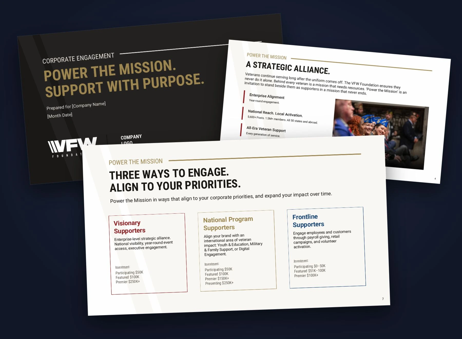 Corporate Engagement pitch deck: cover, strategic alliance, and three ways to engage