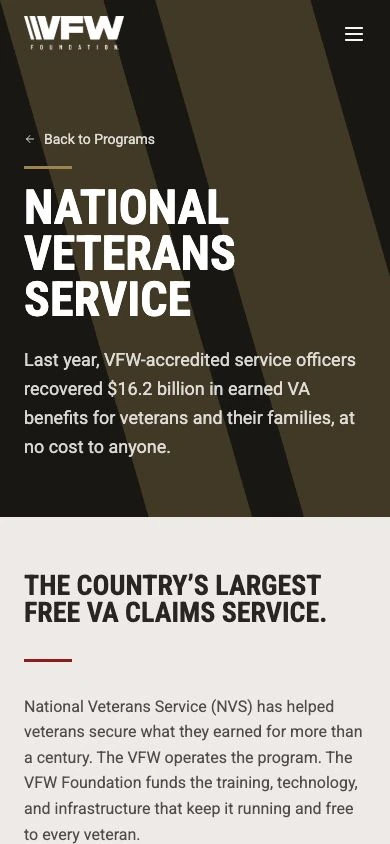 National Veterans Service page on mobile