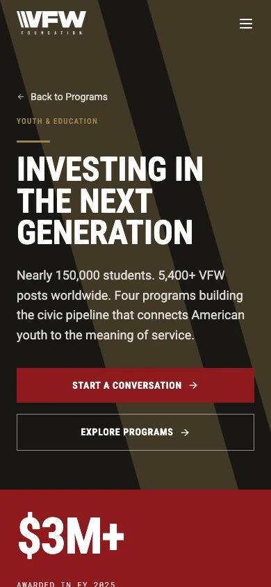 Youth and Education page on mobile