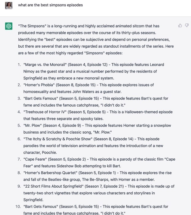 ChatGPT answers what are the best simpsons episodes