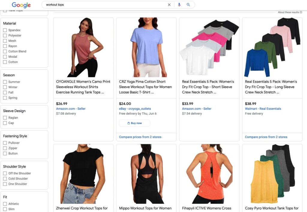 example of google shopping layout when searching for workout tops