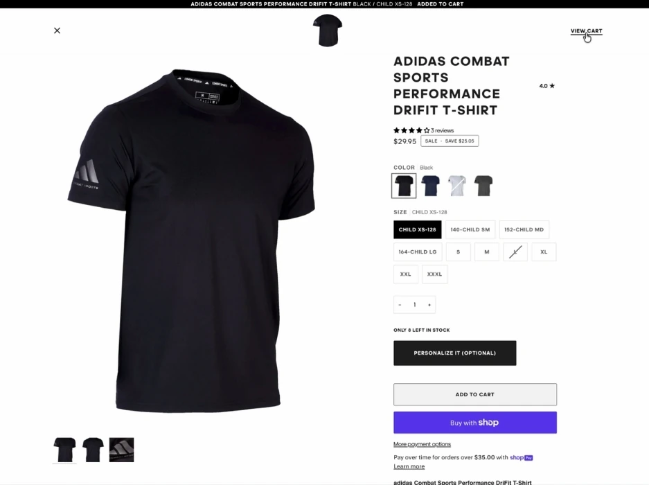 The cart popup on desktop