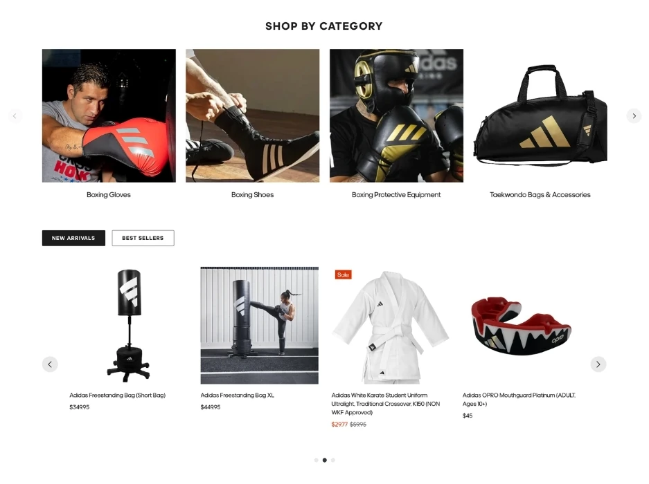 The Adidas Combat Sports home page on desktop