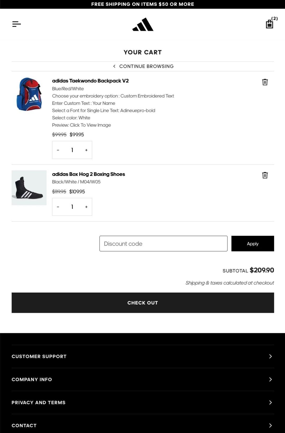 Cart on mobile with the order summary