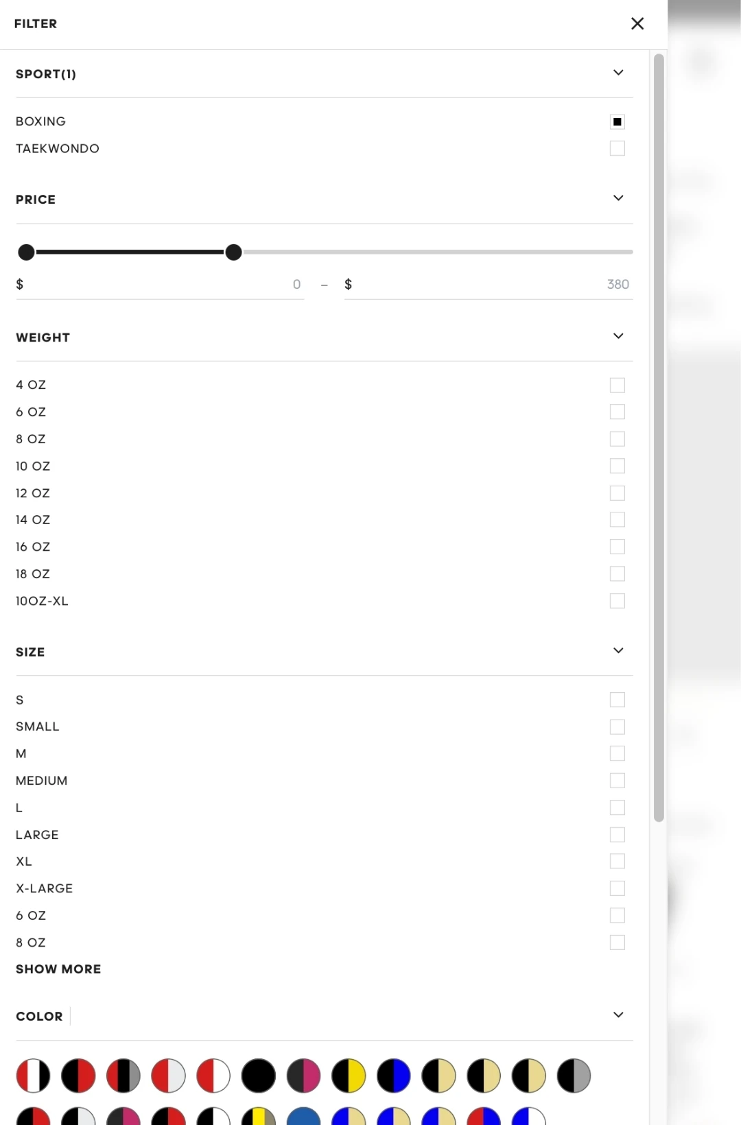 Collection page on mobile with the filter panel open