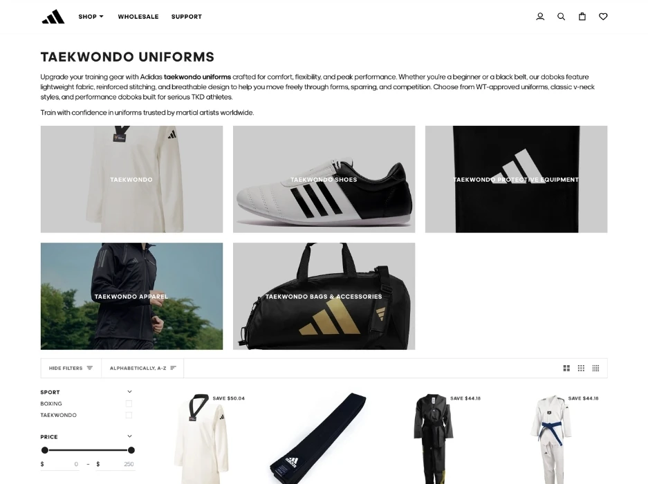 The taekwondo collection page on desktop