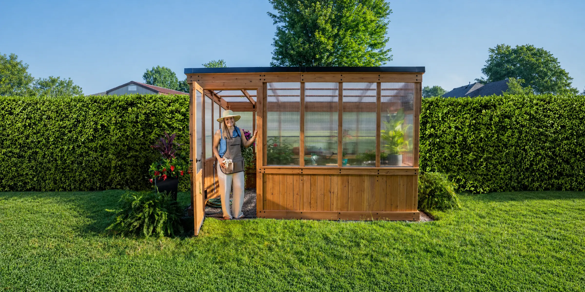 A gardener in a straw hat standing in the open doorway of a cedar and polycarbonate greenhouse on a mown backyard lawn