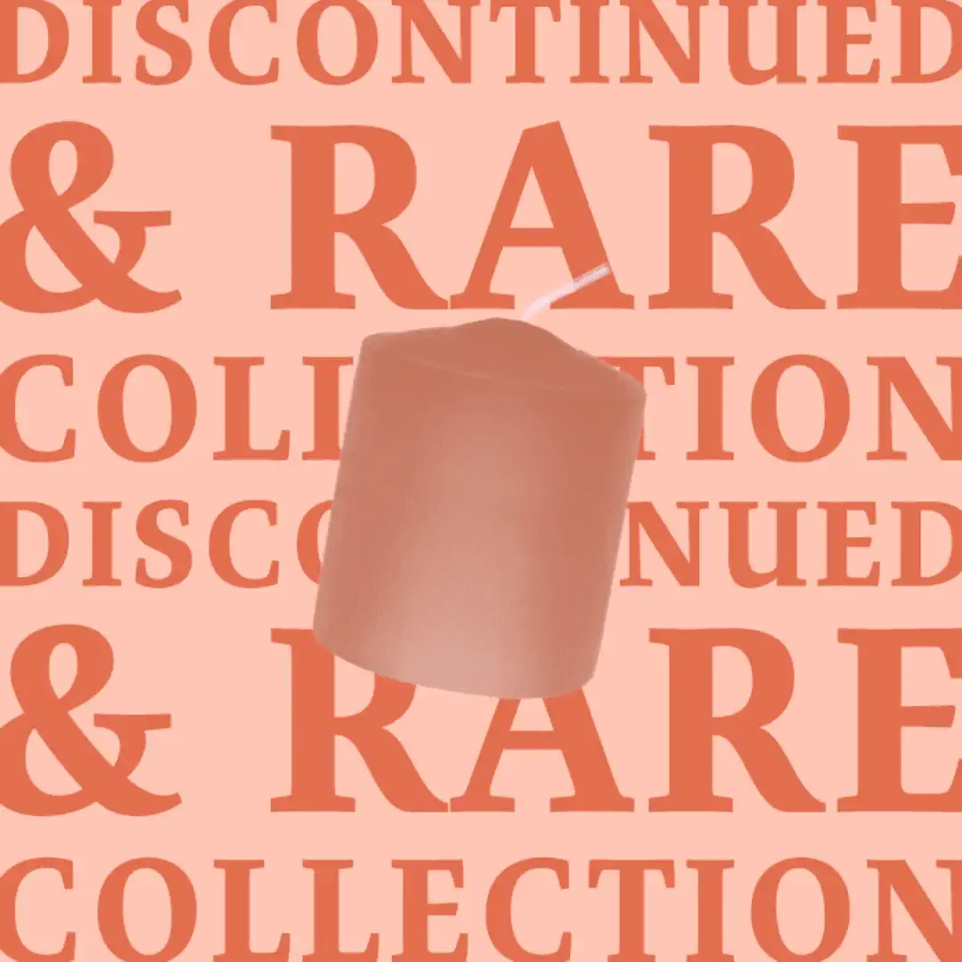 Animated Discontinued and Rare Collection ad, a pillar candle over shifting peach and blue type