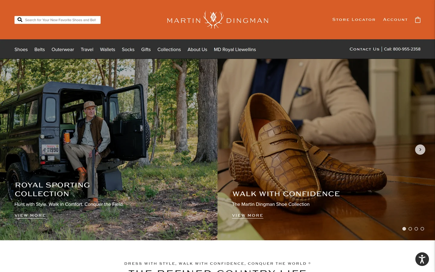 Martin Dingman homepage on desktop, with full-width Royal Sporting Collection and shoe collection imagery