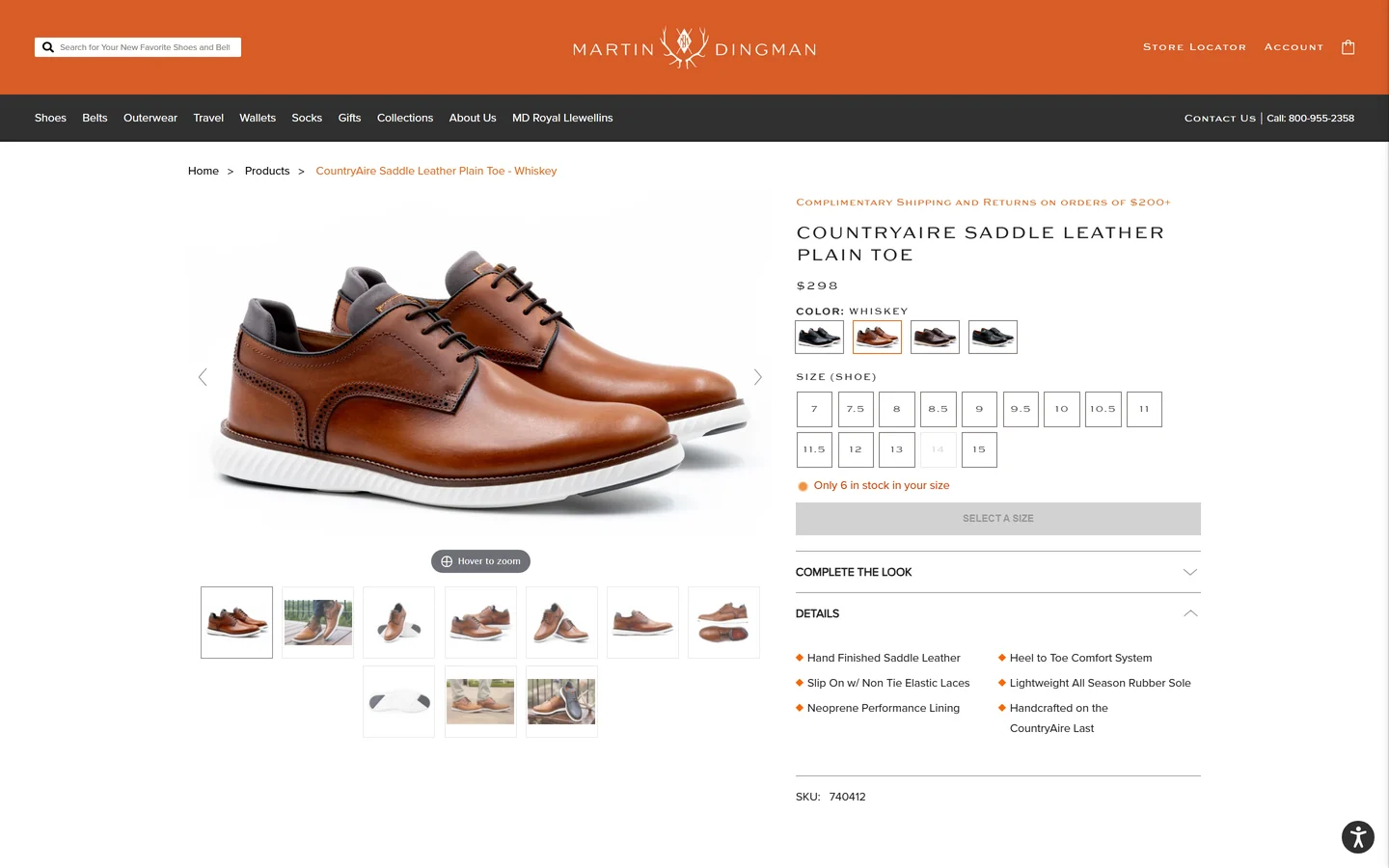 Martin Dingman product page on desktop, showing colour swatches, a full size run and stock level beside the gallery