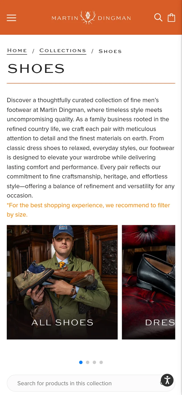 The Martin Dingman shoes collection on a phone, with category tiles and a search field for the collection