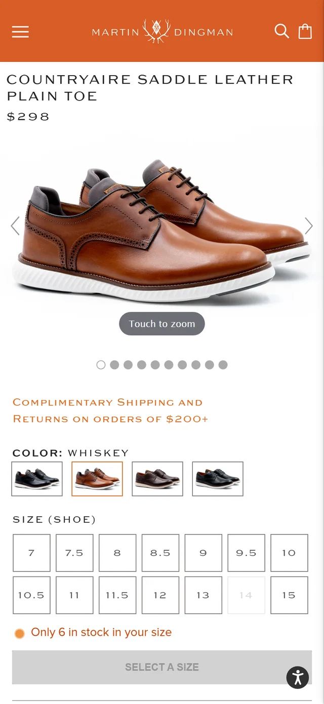 A Martin Dingman product page on a phone, with price, colour swatches, size grid and a remaining stock note above the add to cart button