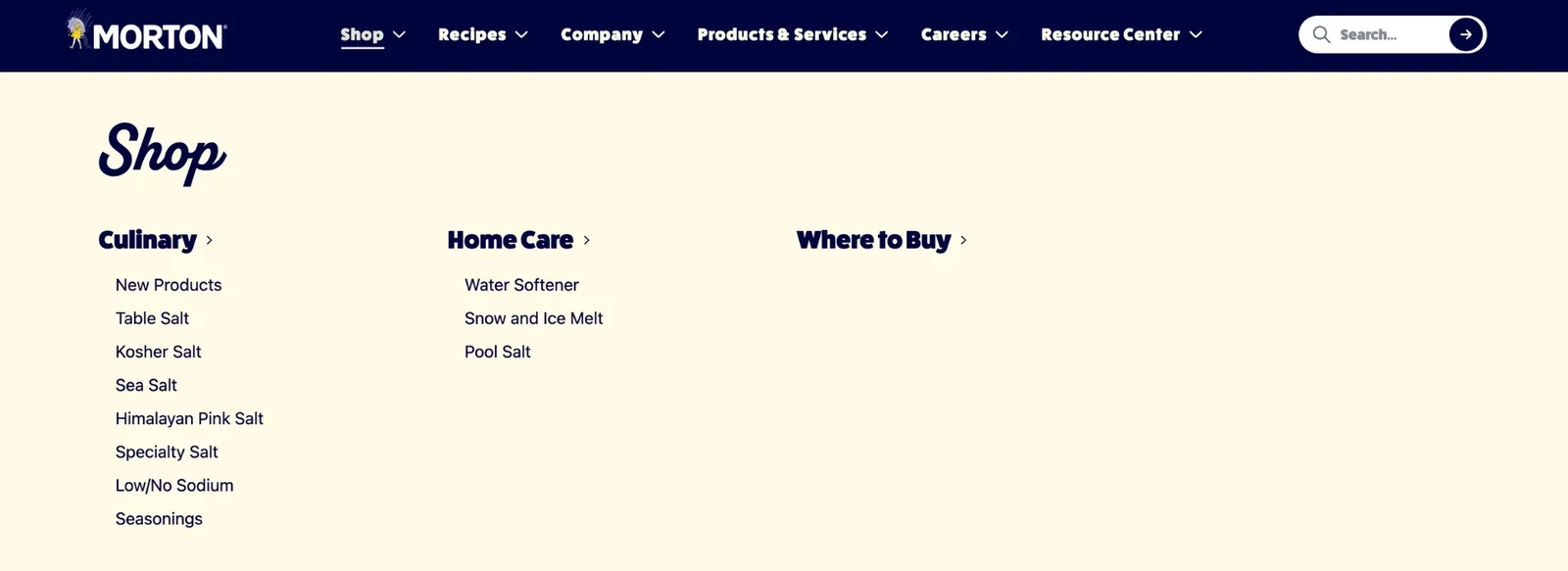 The redesigned Morton Salt navigation