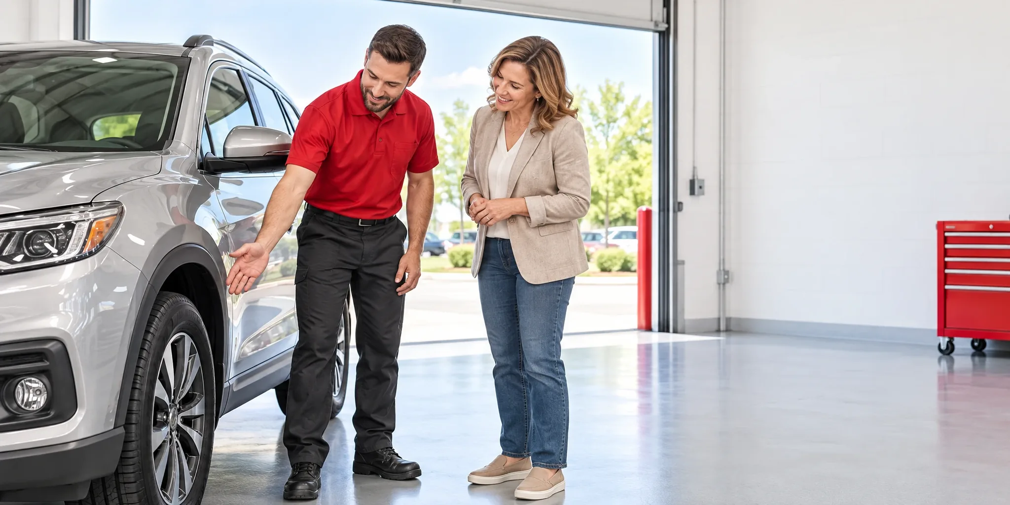 A technician in a red polo showing a customer her vehicle inside a Southern Tire Mart service bay, tyres racked along the wall behind them
