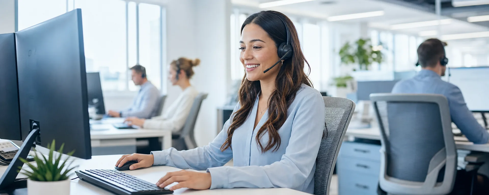A customer support agent wearing a headset, talking to a customer on a call while placing their order at her computer in an open call center