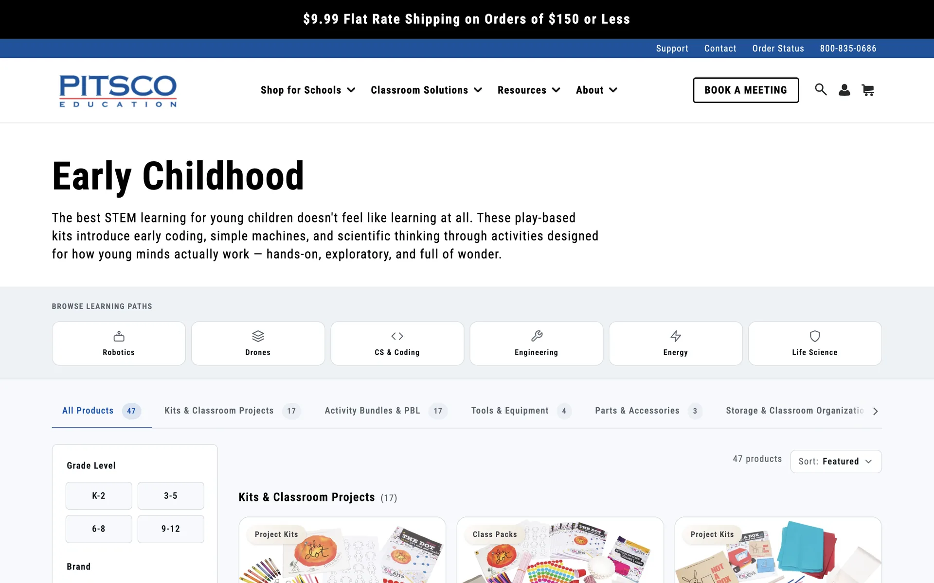 The Pitsco Early Childhood collection page, headed with a paragraph on play-based STEM, then a row of Browse Learning Paths tiles for robotics, drones, CS and coding, engineering, energy and life science, product-type tabs carrying counts, and grade level and brand filters beside a grid of kits