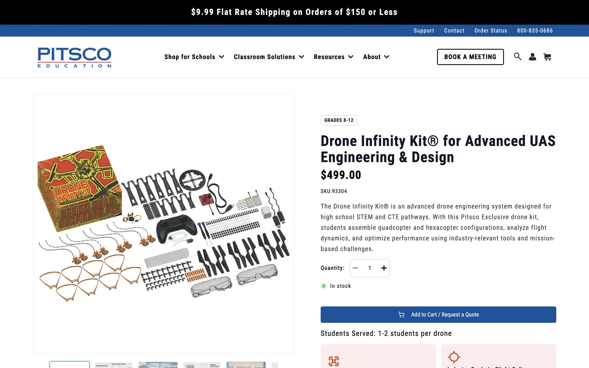 The Pitsco product page for the Drone Infinity Kit, showing a Grades 8-12 badge above the title and price, a quantity stepper, an in stock marker, a single Add to Cart or Request a Quote control, and a Students Served line reading one to two students per drone