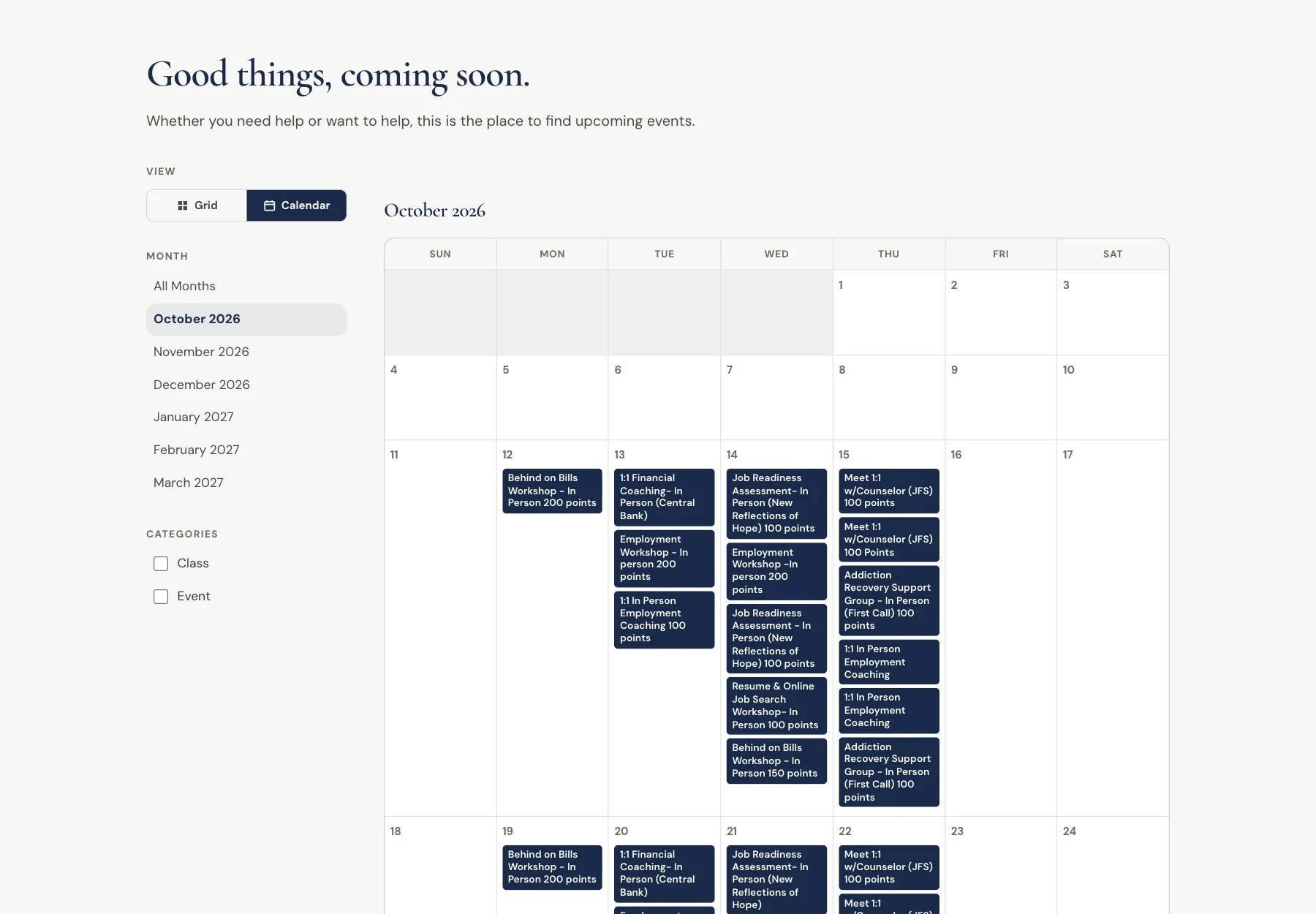 The events calendar showing October 2026 workshops synced from Outlook