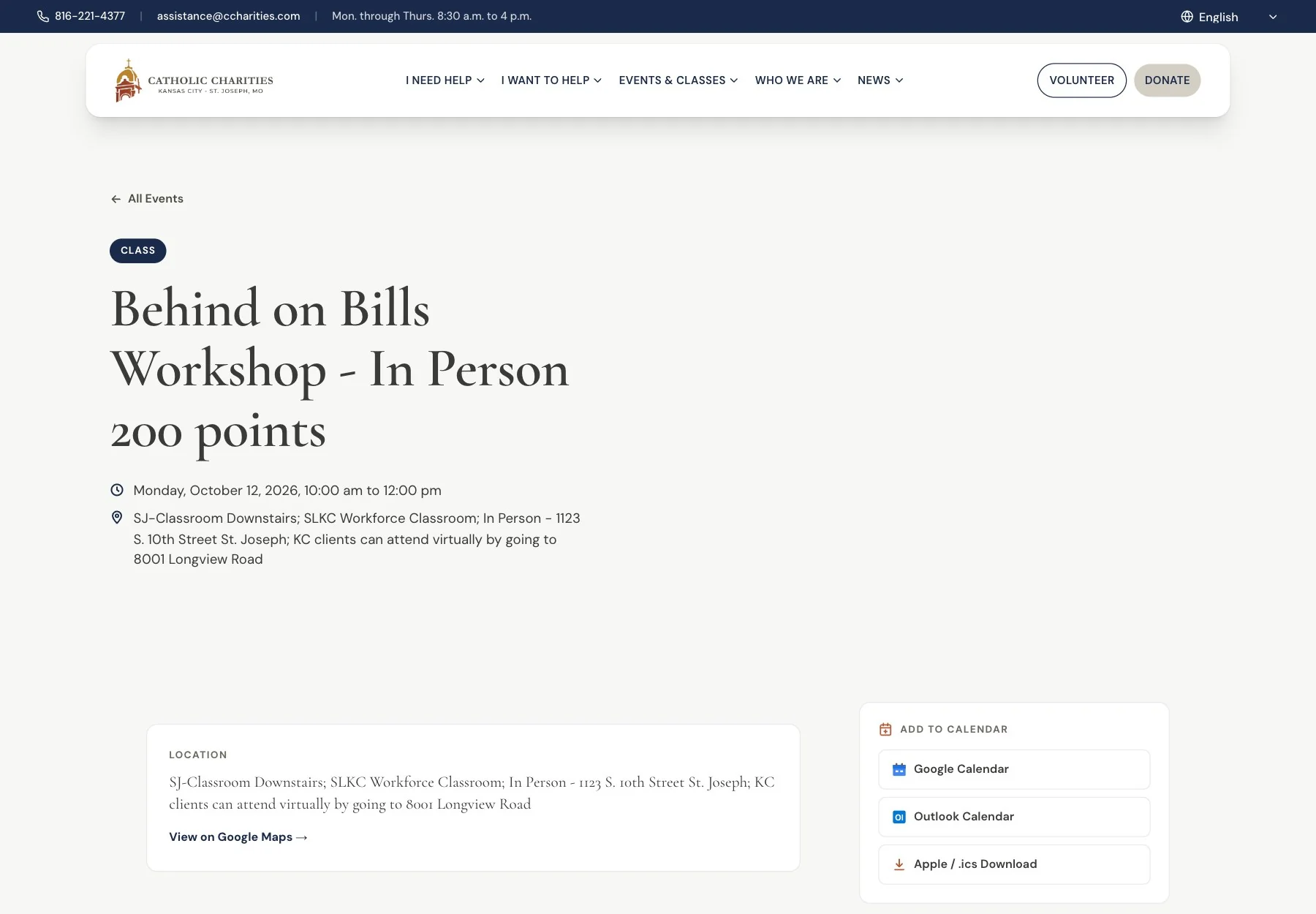 A workshop page with Add to Calendar buttons for Google, Outlook and Apple