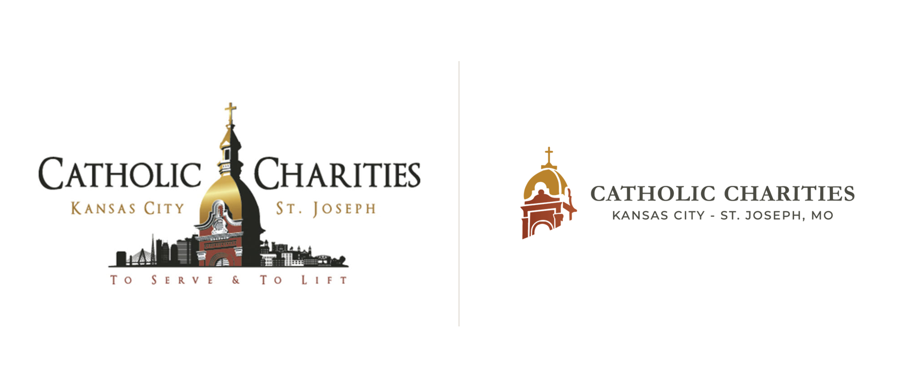 The previous Catholic Charities logo with a skyline and the "To Serve & To Lift" tagline, beside the refreshed logo reading "Catholic Charities, Kansas City - St. Joseph, MO"